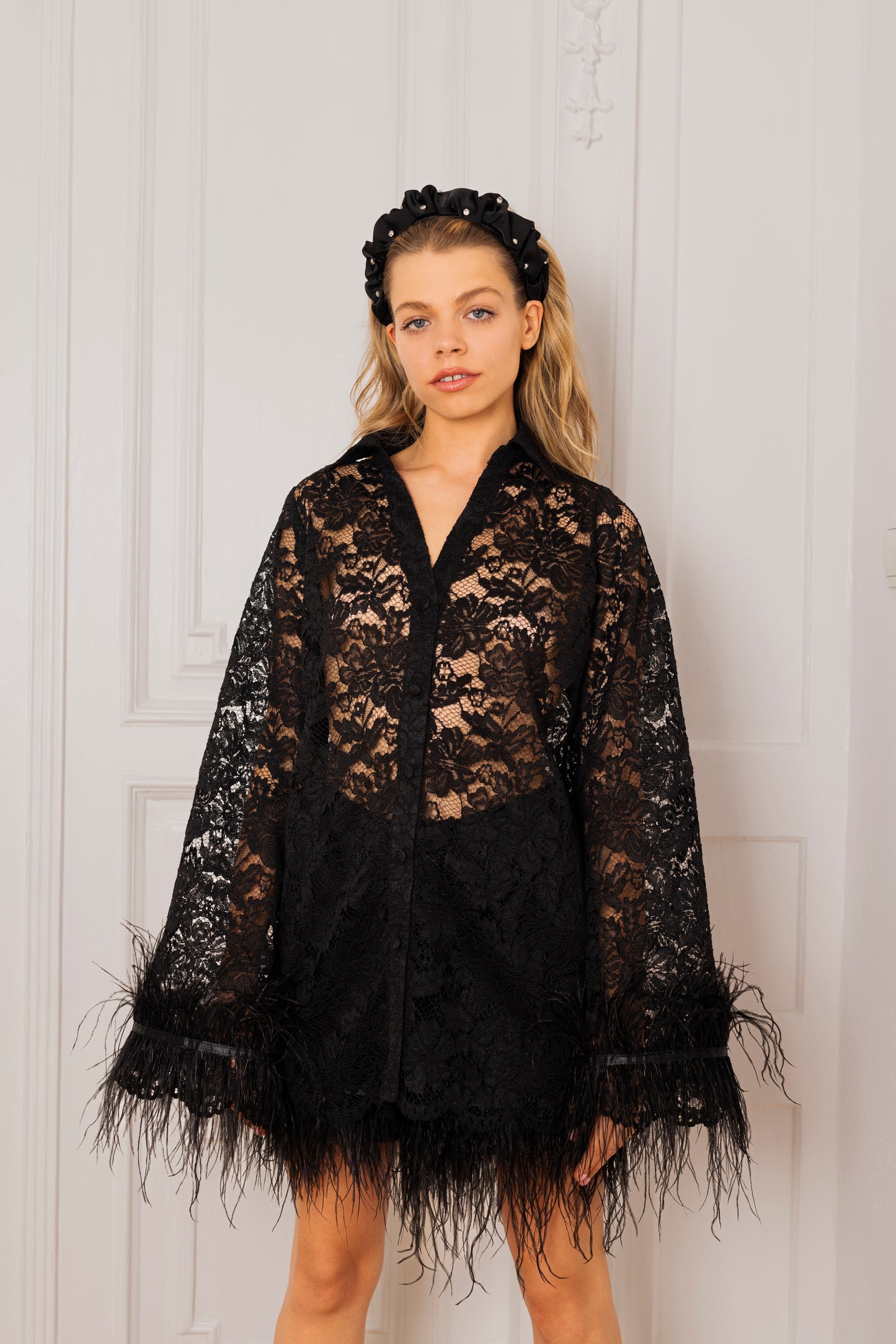 Black feather-trimmed lace long sleeve shirt